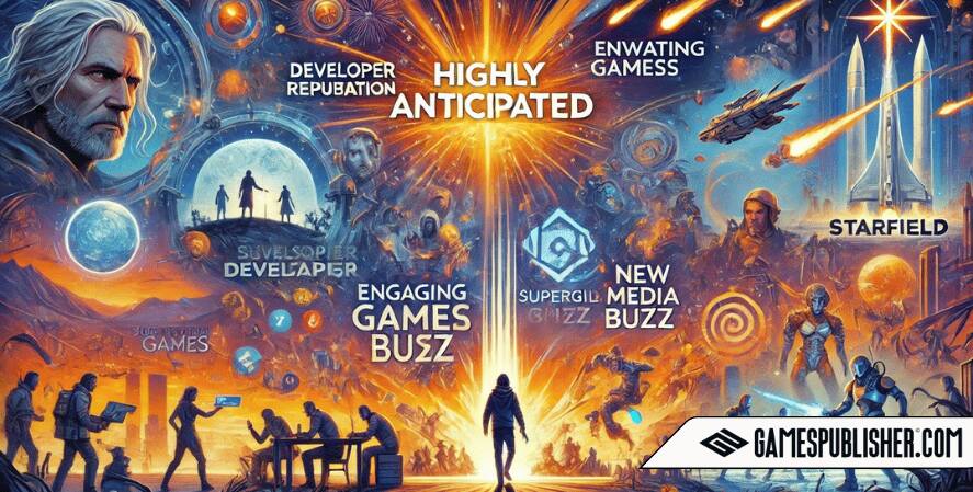 Here's the updated widescreen illustration depicting the factors that make a game highly anticipated, focusing on developer reputation, marketing elements, and innovative features.