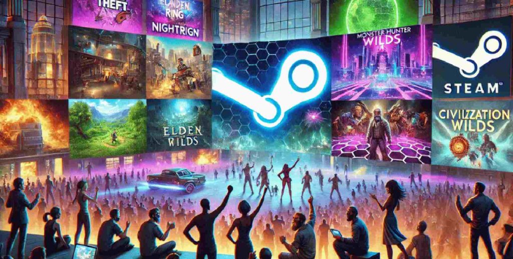 A vibrant illustration showing a lively crowd of excited gamers gathered around massive futuristic screens showcasing trailers of the most anticipated games on Steam for 2025. The screens display scenes from Grand Theft Auto 6, ELDEN RING: NIGHTREIGN, Monster Hunter Wilds, and Civilization VII. People are cheering, pointing, and discussing the games in a festive atmosphere, with the Steam logo prominently featured in the background. The artwork uses vivid colors and dynamic lighting to convey excitement and anticipation.