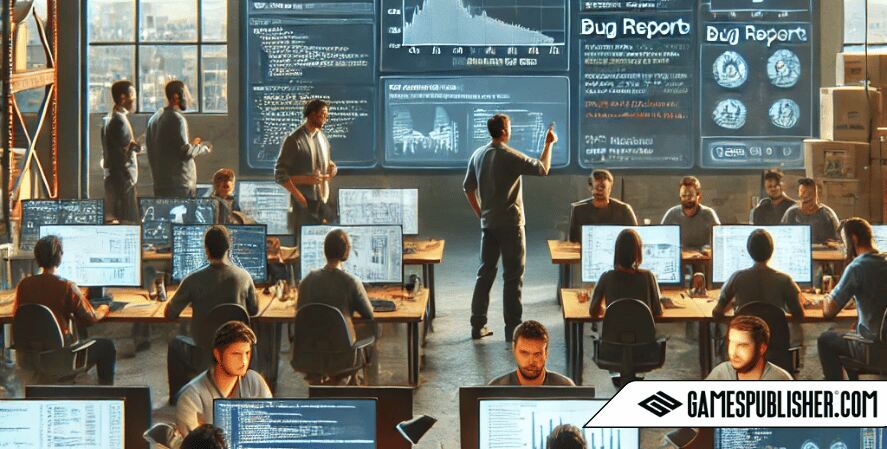 Developers are seated at computers with multiple screens displaying game code, bug reports, and user feedback. One screen shows a graph of user engagement and feedback.