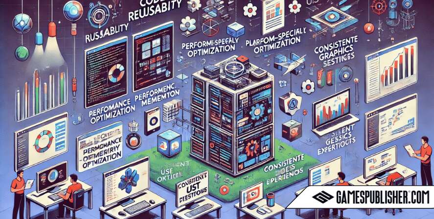 Here is the illustration depicting best practices for cross-platform game development, highlighting code reusability, platform-specific optimization, consistent user experience, and testing across platforms.