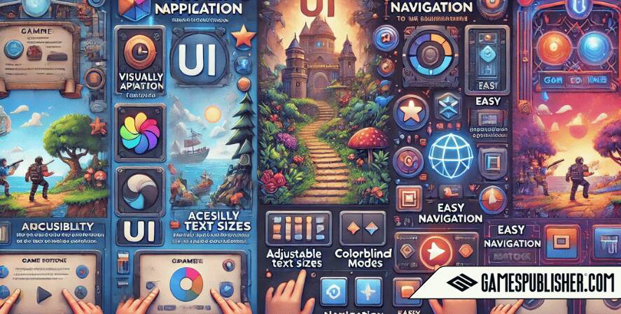 A detailed scene illustrating the role of UI in game development. One side shows a visually appealing game interface, highlighting easy navigation and beautifully crafted UI elements that draw players in.