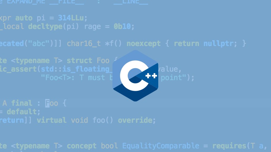 A C++ logo with lines of code