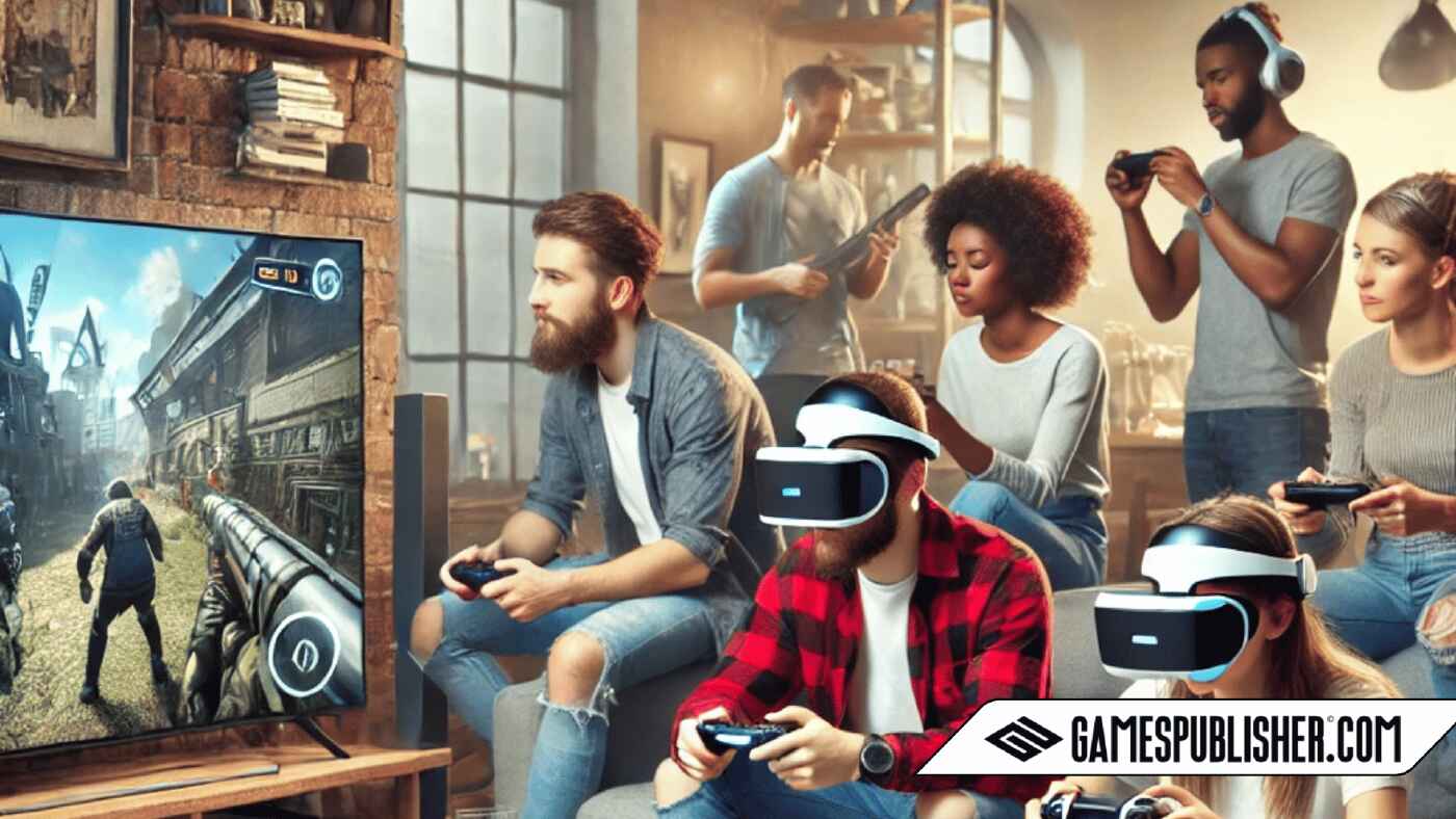 A diverse group of people playing games on different platforms in a cozy, modern living room setting. One person is using a VR headset, another is playing on a console with a controller, someone is on a mobile phone, and another on a tablet. The background features a large TV screen displaying a game and various gaming elements around. The scene is lively, with natural lighting and realistic details, showcasing the enjoyment of gaming across different devices.