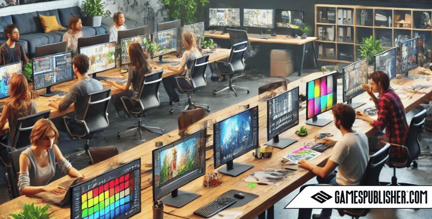 Here is the image showing a realistic and natural setting of game designers working on different aspects of game development to match audience preferences. The scene captures the collaborative and creative atmosphere of a modern office, with designers, artists, and writers tailoring gameplay mechanics, visuals, and narratives to suit different audiences.