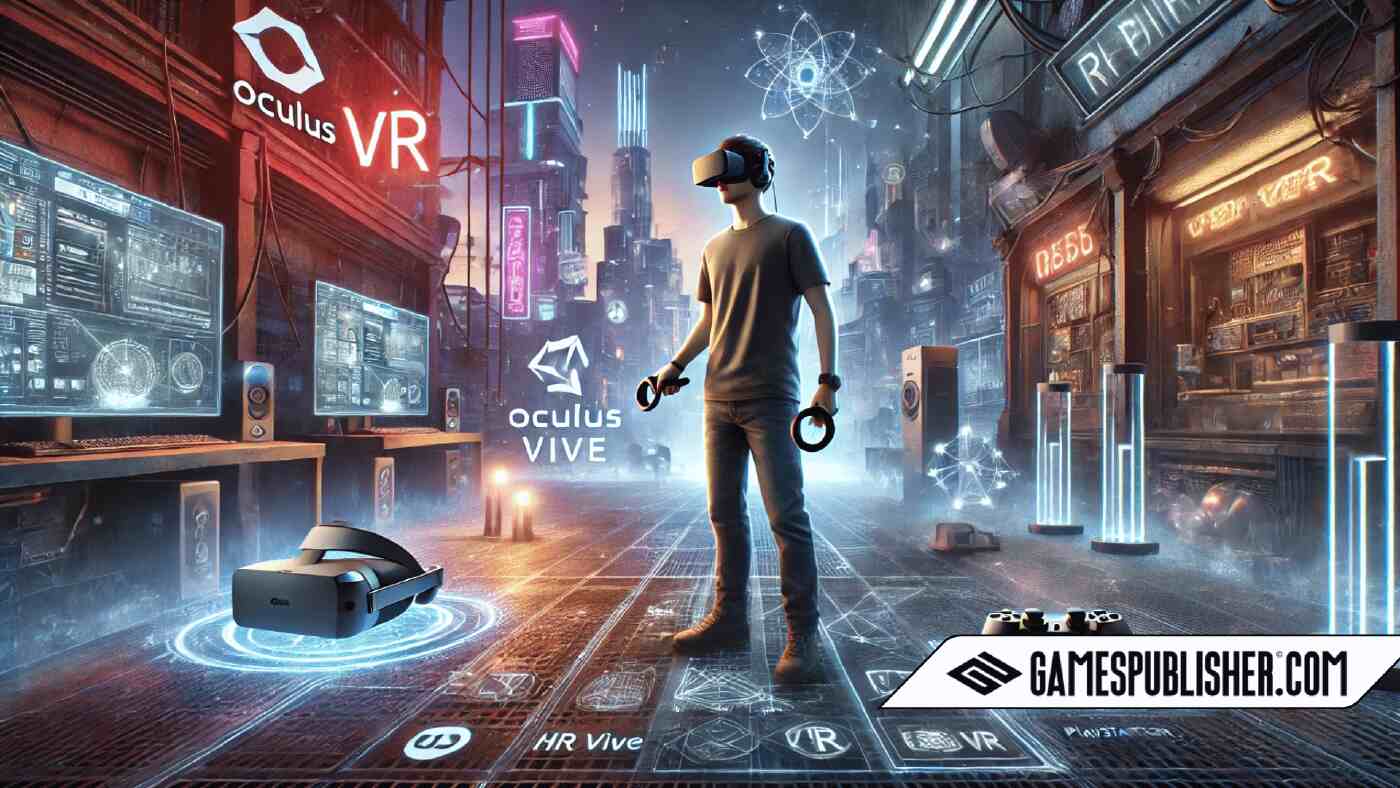 An immersive VR gaming scene featuring a player wearing a VR headset and controllers, interacting with a futuristic cityscape environment with neon lights, realistic textures, and dynamic lighting. Various VR hardware like Oculus Rift, HTC Vive, and PlayStation VR are shown in the background, along with high-performance PCs and consoles. VR development tools such as Unity and Unreal Engine are also highlighted, emphasizing intuitive UI and realistic environmental design.