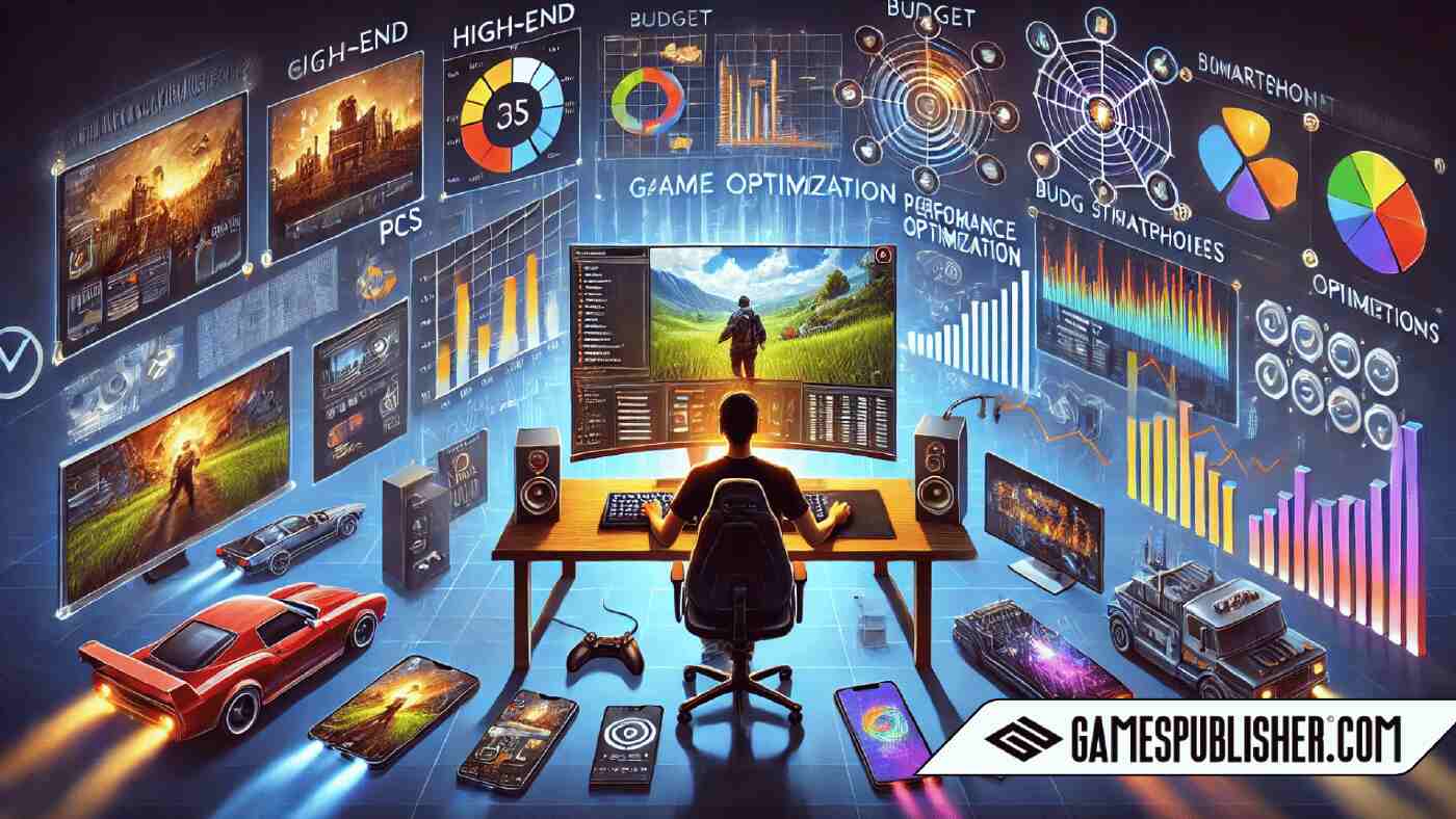A vibrant and engaging illustration showing a central game developer working on a computer, surrounded by various devices including high-end PCs, budget smartphones, and consoles.