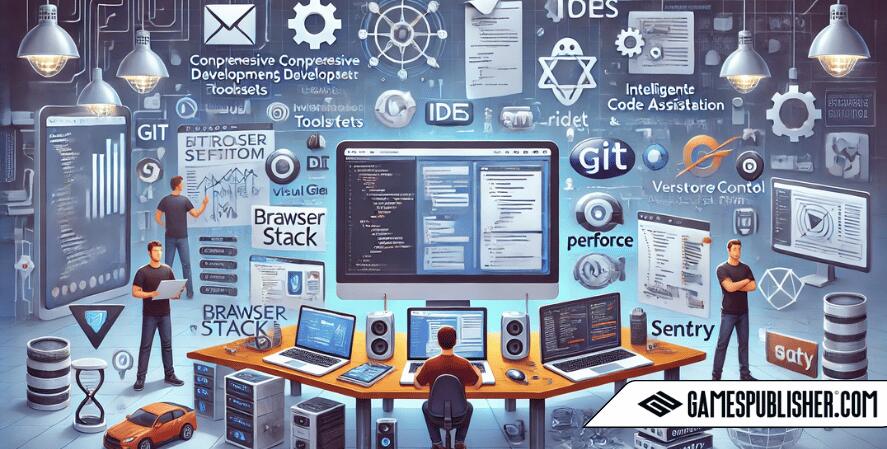 Here is the illustration of essential tools for cross-platform development, featuring visual representations of IDEs, version control systems, and testing and debugging tools.