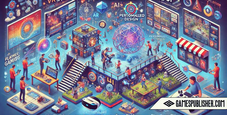 A detailed scene illustrating future trends in UX/UI design for games. One part showcases an immersive experience with players using VR and AR technology, highlighting how these advances create engaging and novel interactions.