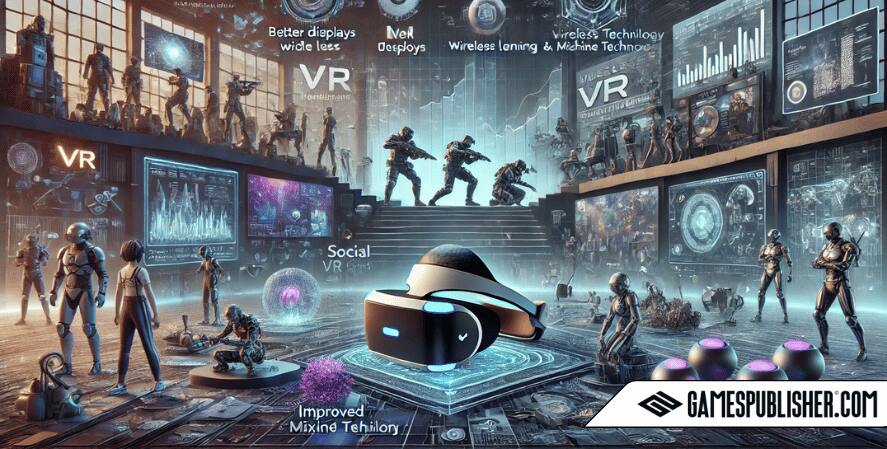 The image features advanced VR hardware with better displays and wider lenses, wireless headsets, and evolving haptic technology for tactile interactions.