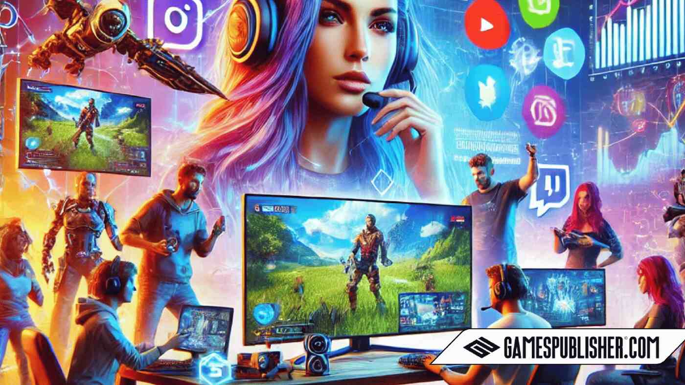 A dynamic and vibrant scene showcasing influencer marketing in the gaming industry. Diverse influencers are engaging with their followers through platforms like YouTube, Twitch, and Instagram, promoting a new game with gameplay videos, live streams, and engaging posts.