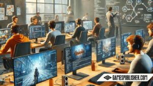 A realistic scene of game developers and beta testers working together in a modern office environment. Developers are sitting at computers with multiple screens showing game code and 3D game graphics.