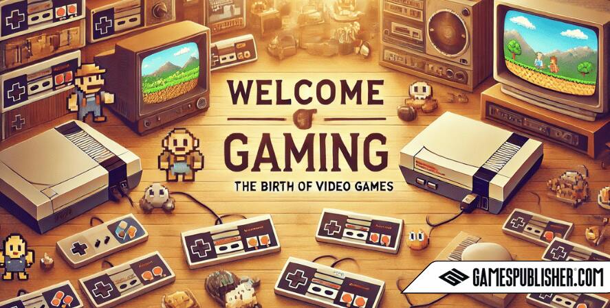  A nostalgic and warm scene representing the historical milestones in gaming, focusing on the birth of video games. The image features early gaming consoles, classic game characters, and vintage game elements with soft, warm lighting and a retro background, creating a friendly and inclusive atmosphere.