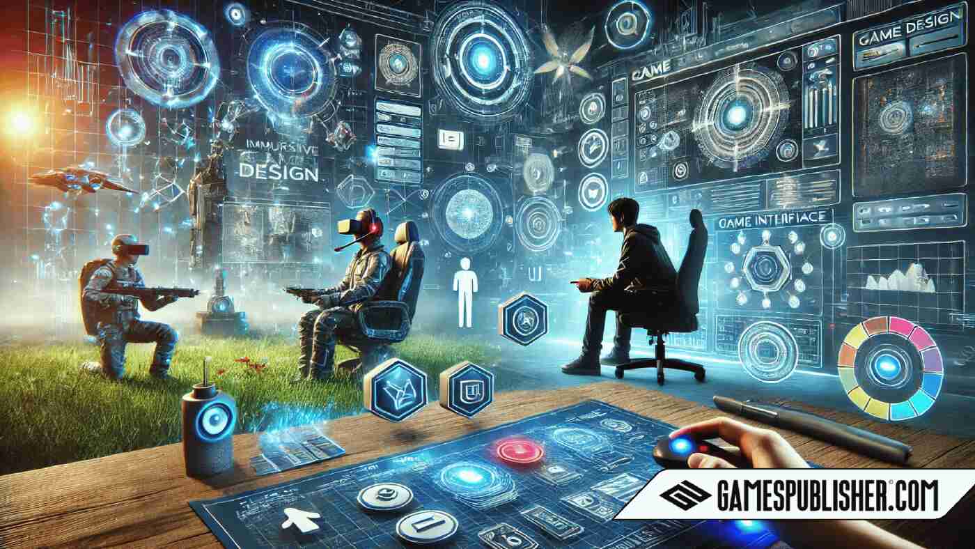 A highly realistic scene showcasing various elements of game design. The background features a futuristic game interface with holographic elements. On one side, a person is immersed in a game with a VR headset and controllers, highlighting the immersive experience. On the other side, a game designer is at a desk with detailed sketches, UI elements, and a computer screen showing a game interface design. Icons of buttons, menus, and other UI components float around, emphasizing the importance of UI design. The overall scene is highly detailed, dynamic, and visually appealing, illustrating the impact of UX and UI design on game success.