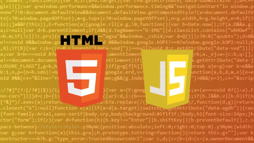 HTML and JavaScript logos and lines of code