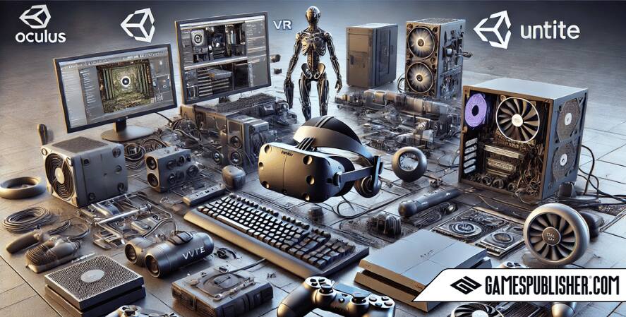 The image features various VR headsets and controllers, including Oculus Rift, HTC Vive, and PlayStation VR. In the background, high-performance PCs and consoles are displayed, emphasizing the need for powerful hardware.