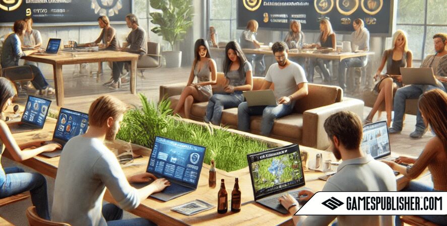 Here is the image showing a realistic and natural setting of a marketing and promotion. team working on personalized marketing campaigns, community engagement, and influencer partnerships for a game. The scene captures the collaborative atmosphere of a modern office, with marketers actively creating targeted content and engaging with the gaming community.