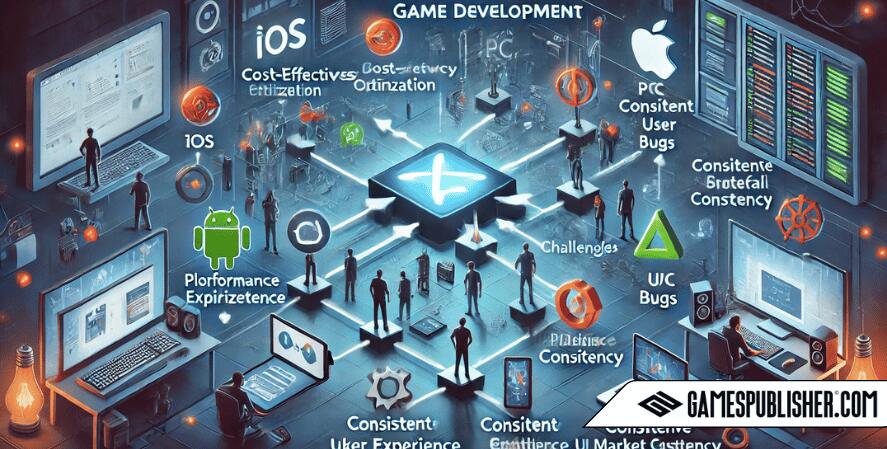 An illustration representing cross-platform game development, featuring various devices like iOS, Android, PC, and consoles connected by arrows to show seamless integration. Icons depict cost-effectiveness, consistent user experience, and broad market reach. Challenges like performance optimization, platform-specific bugs, and UI/UX consistency are also visually represented. The background has a futuristic, tech-oriented design with developers working collaboratively in a high-tech environment.