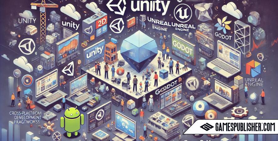 An illustration of popular cross-platform game development frameworks without any logos or text. The image visually represents Unity, Unreal Engine, Godot, and Cocos2d-x with icons and graphics highlighting their features. Unity is depicted with 2D and 3D graphics, scripting, and an asset marketplace. Unreal Engine features high-fidelity graphics, visual scripting, and a marketplace.