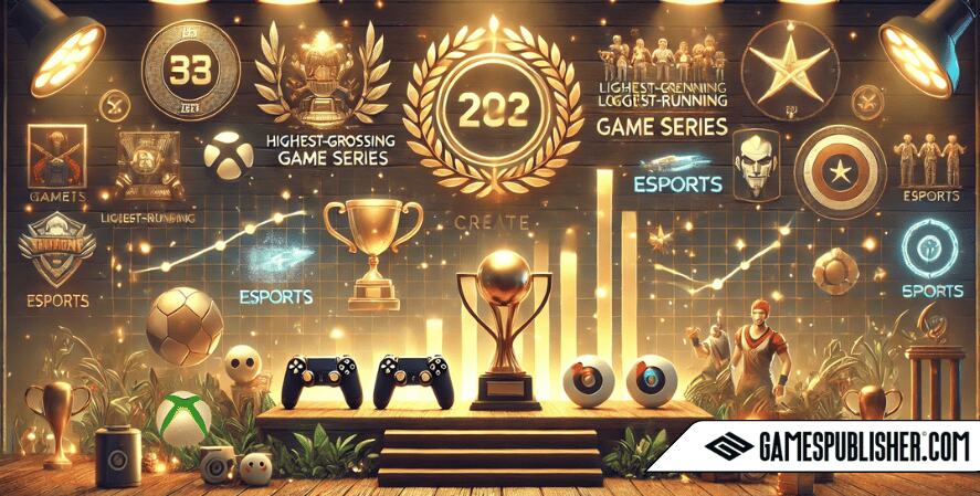 A vibrant and warm scene representing record-breaking achievements in gaming, featuring elements like game logos, famous characters, and esports trophies. The background has a celebratory atmosphere with scoreboard graphics and stylized numbers, creating a friendly and inclusive vibe.