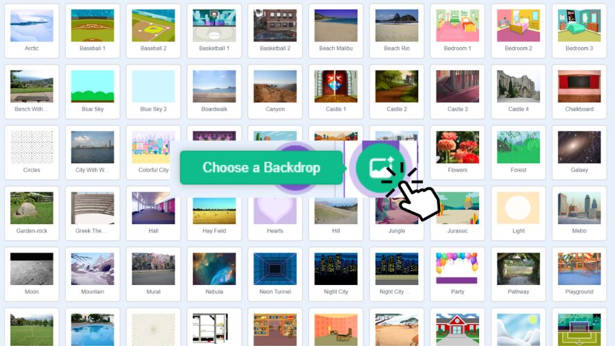 An image showing "Choose a Backdrop" button that can be found on the Scratch.com website and the backdrops (backgrounds) that can be chosen.