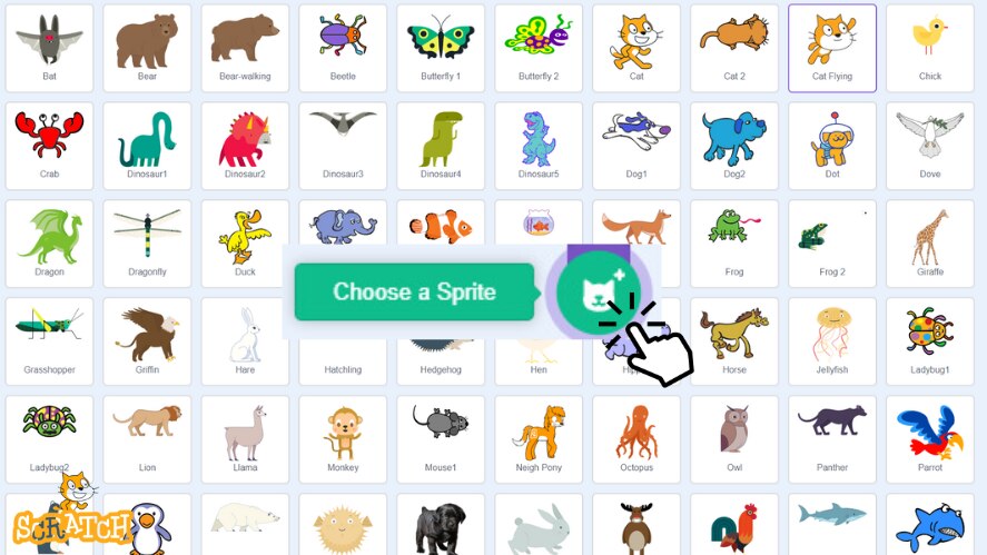 An image showing "Choose a Sprite" button that can be found on the Scratch.com website and the sprites (characters) that can be chosen.