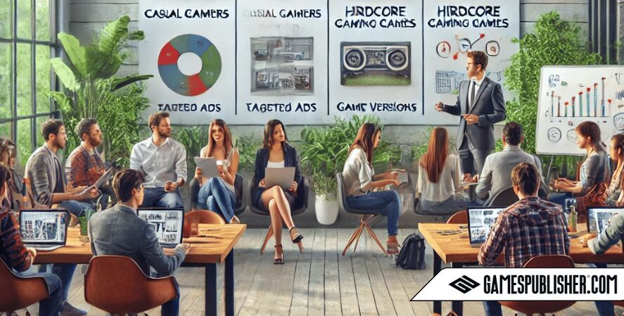 Here is the updated image depicting a realistic and natural setting for audience segmentation and targeting strategies for gamers. The scene includes diverse groups of casual and hardcore gamers, along with a marketing team brainstorming in a modern office with natural light and comfortable furniture, capturing a collaborative atmosphere.