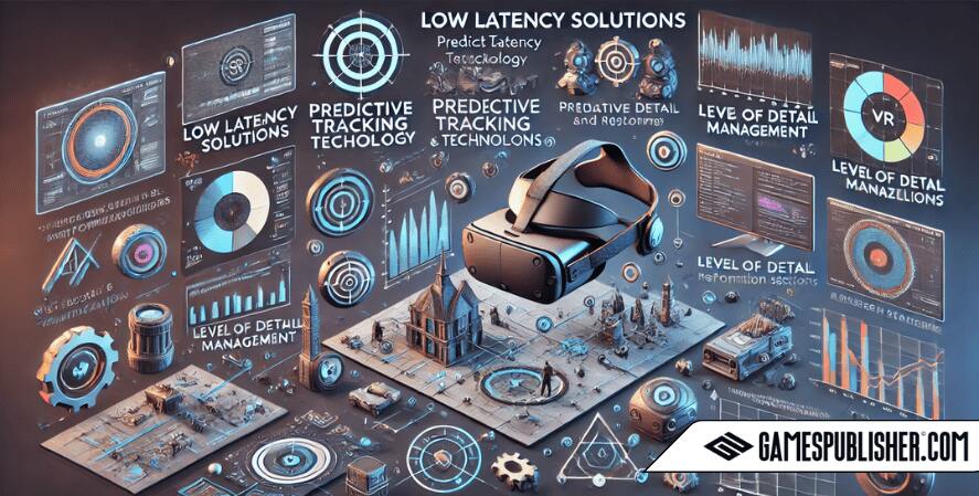 The image highlights low latency solutions with visuals of predictive tracking technology, showcasing reduced delays between user movements and in-game responses.