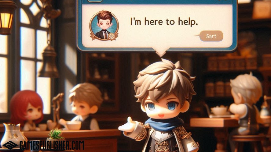 A chibi game character is in a conversation with players