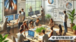 Here is the image based on your article. It depicts a game development team in a modern office setting, collaborating and discussing game design and audience research.