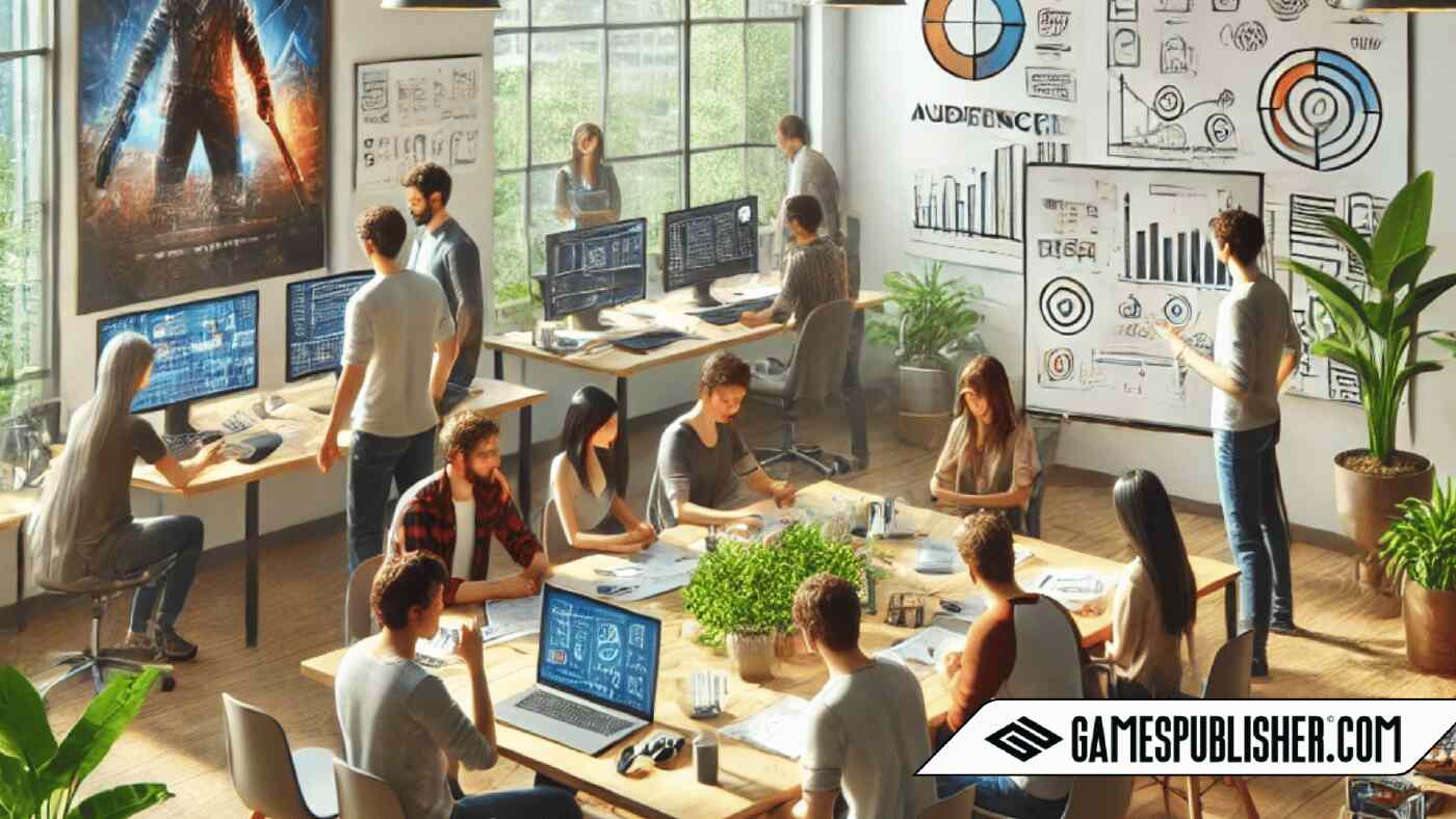 Here is the image based on your article. It depicts a game development team in a modern office setting, collaborating and discussing game design and audience research.