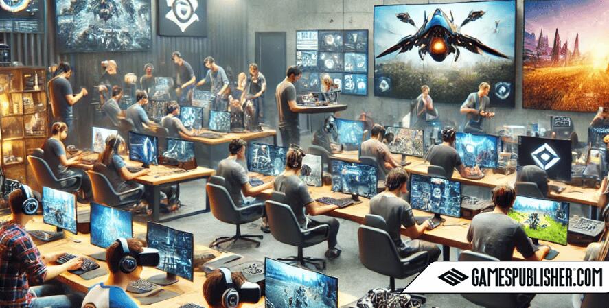 A group of beta testers is seated in a modern, comfortable room, each focused on different gaming devices like PCs, consoles, and VR headsets.