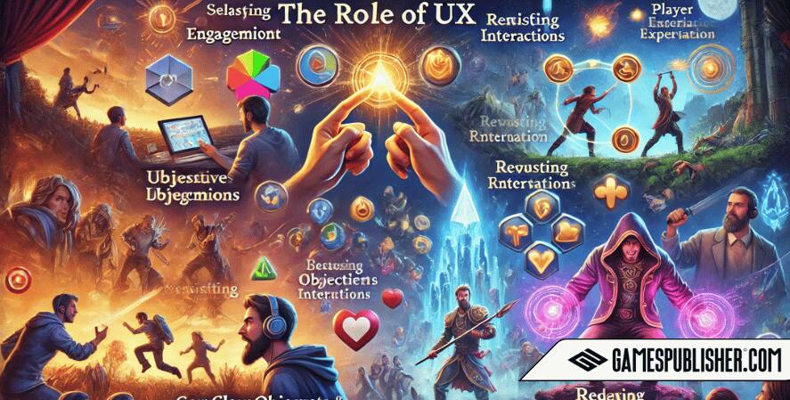  dynamic scene illustrating the role of UX in game development. On one side, a player is fully engaged with a game, using intuitive controls and receiving clear objectives and rewarding feedback, representing player engagement.