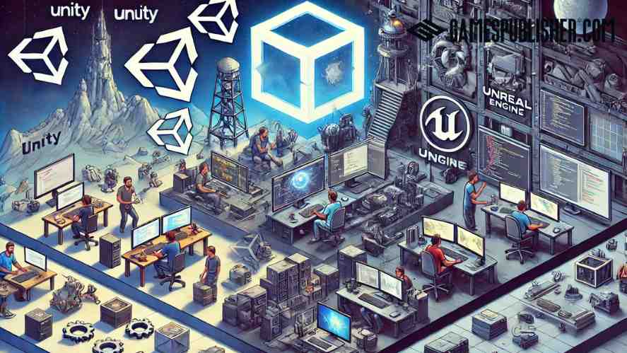 An illustration of a working place with computers, highly technology machines, and Unity logos all over the place