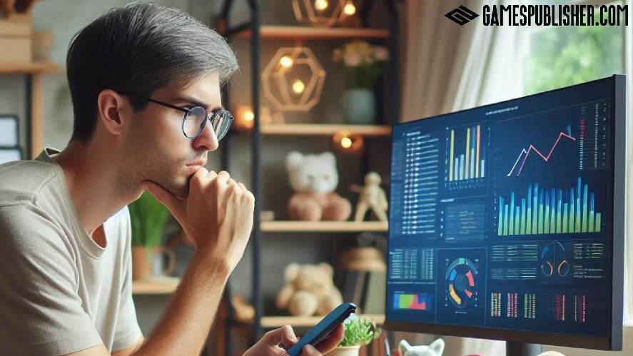 A young man is looking at a screen with data, charts, and graphs