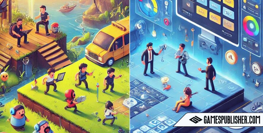 A detailed scene illustrating the difference between UX and UI in game design. On one side, an immersive, seamless gaming environment showcases characters interacting naturally and enjoying the game, representing UX.