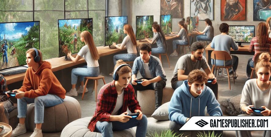 The scene captures the cozy and vibrant atmosphere of a modern gaming lounge, showcasing different individuals enjoying various types of games according to their interests and lifestyles.