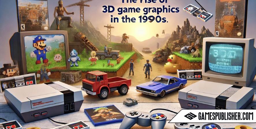 An illustration capturing the pivotal shift to 3D game graphics in the 1990s, featuring early 3D character models and textured landscapes. The scene includes elements from iconic video games that pioneered 3D graphics, along with console models and controllers from the era, reflecting the dramatic technological advancements and design evolution in gaming during that decade.