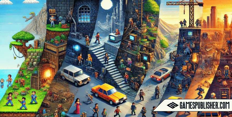 An illustration highlighting the diverse art styles in video gaming from early pixel art to modern photorealistic and artistic interpretations.