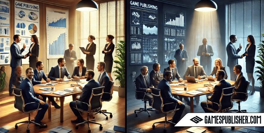 A realistic digital artwork showing two scenarios in game publishing agreements. One scene depicts a successful partnership with professionals around a conference table, smiling and engaging under natural lighting, with growth charts visible.