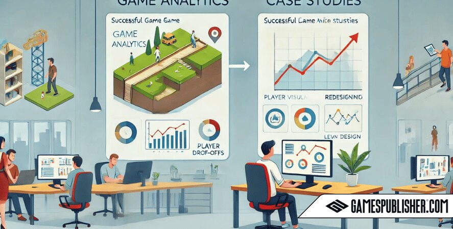 A refined illustration split into two panels: one showing a mobile game developer adjusting game level difficulty with a simple graph of player drop-offs and an updated design, and the other showing a developer at a workstation redesigning a game interface for better accessibility, with a before-and-after view. Both scenarios are set in a minimalist, modern office, emphasizing the impactful use of analytics in game development.