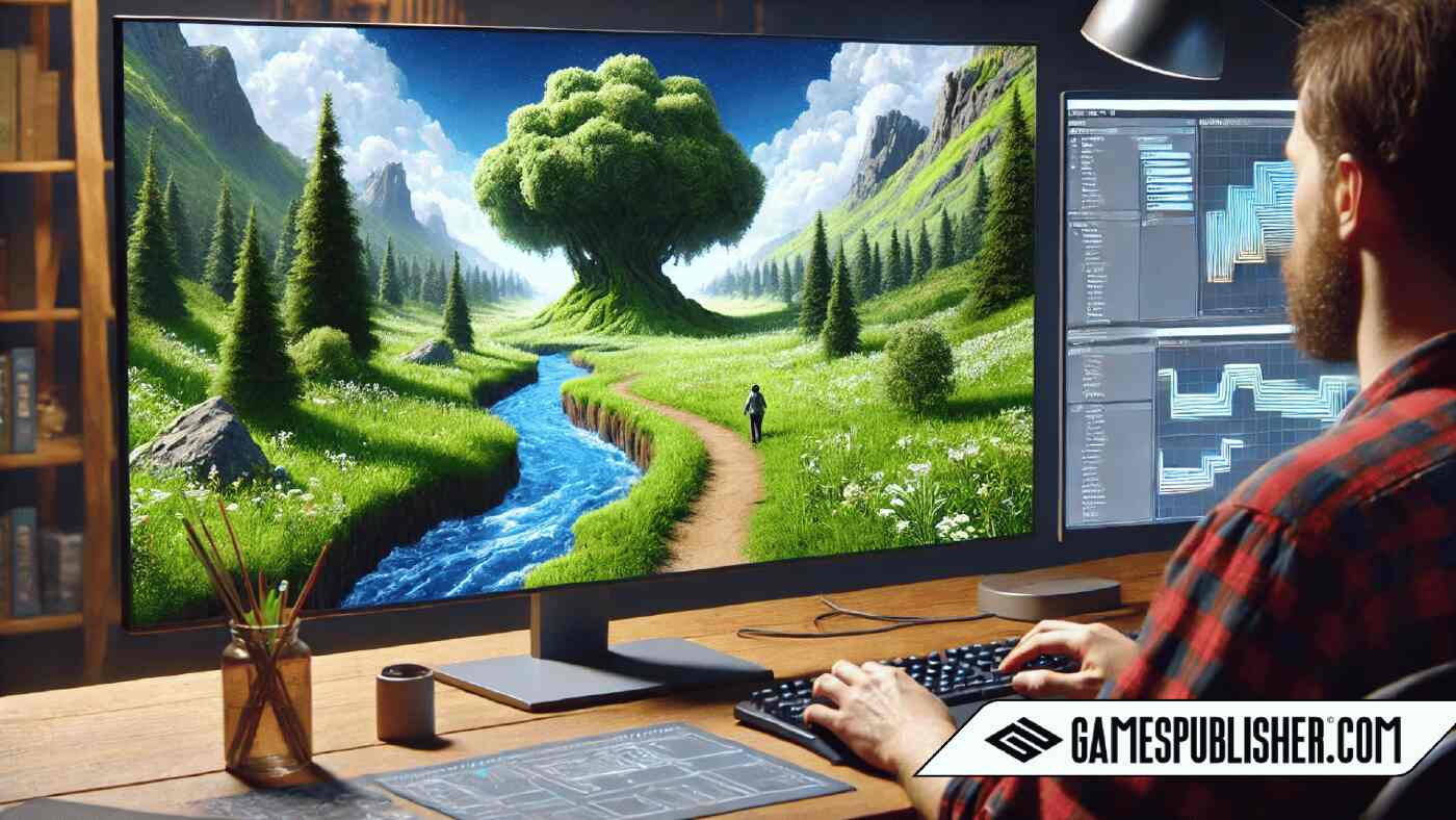 A natural and clear depiction of procedural generation in game development. The image shows a serene environment with forests, mountains, and rivers formed through procedural generation, with a path transitioning from grassy fields to rocky hills. In the foreground, a game developer works on a computer, with parts of the environment extending from the screen into the world, symbolizing the connection between the developer's work and the algorithmically generated landscape.