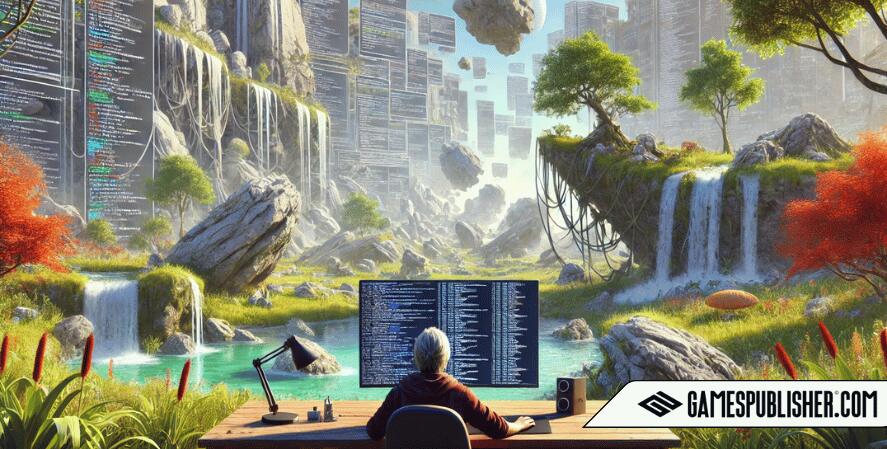 A depiction of the 'Challenges and Limitations of Procedural Generation,' showing a landscape with well-formed areas alongside incomplete or glitched sections, including missing textures and unnatural shapes like floating rocks and oddly angled trees. A frustrated game developer is seen in the foreground, staring at a screen with complex, buggy code. The image illustrates the technical and creative struggles involved in maintaining consistency and quality in procedurally generated content.