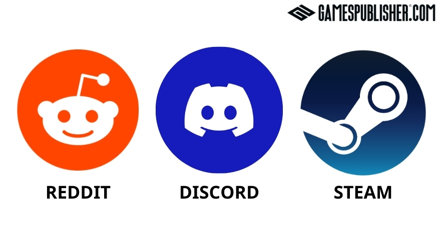 A logo of Reddit, Discord, and Steam