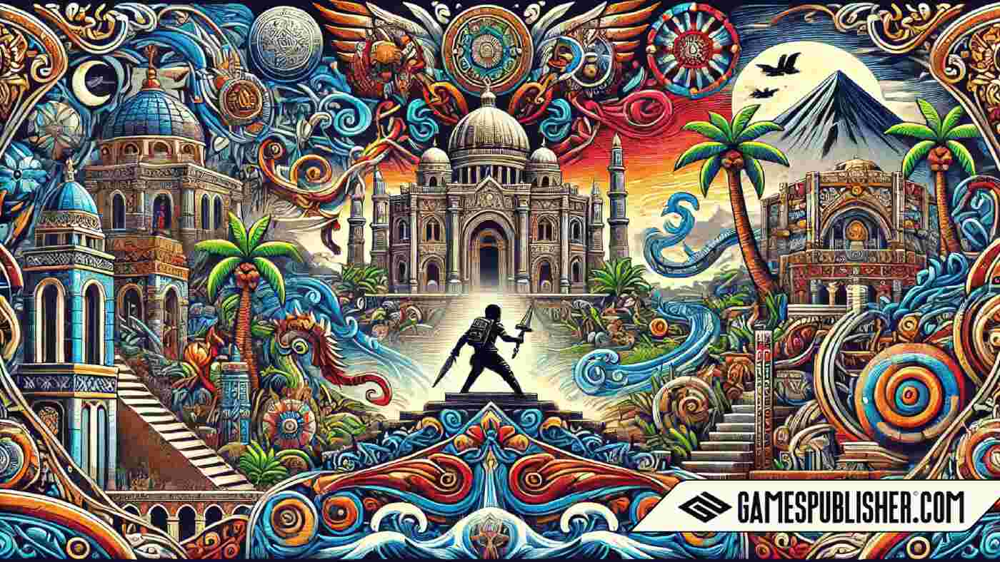 A detailed and vibrant image showcasing cultural representation in video games, featuring 3 to 4 distinct cultural elements such as symbols, architecture, and landscapes from different parts of the world.