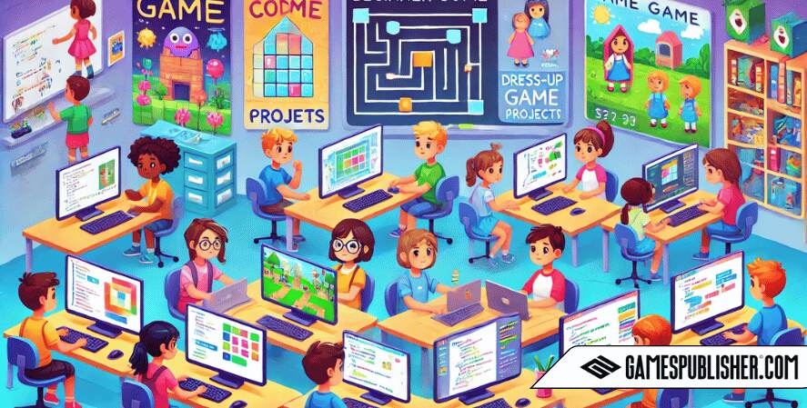 A classroom scene with children working on coding projects like basic mazes, dress-up games, platformers, and simple RPGs, along with collaborative coding, highlighting an interactive and educational environment.