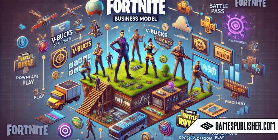 A detailed and visually engaging image illustrating Fortnite's business model. The image showcases the Free-to-Play structure, highlighting how Fortnite is free to download and play, attracting millions of players. It includes elements representing in-game purchases like V-Bucks, skins, and emotes. The Battle Pass system is depicted with visual cues for challenges and rewards, such as new skins and emotes. The image also emphasizes cross-platform availability, showing Fortnite being played on various devices including PC, console, and mobile, with a focus on cross-platform play and purchases. The overall composition reflects Fortnite's smart and successful business model.