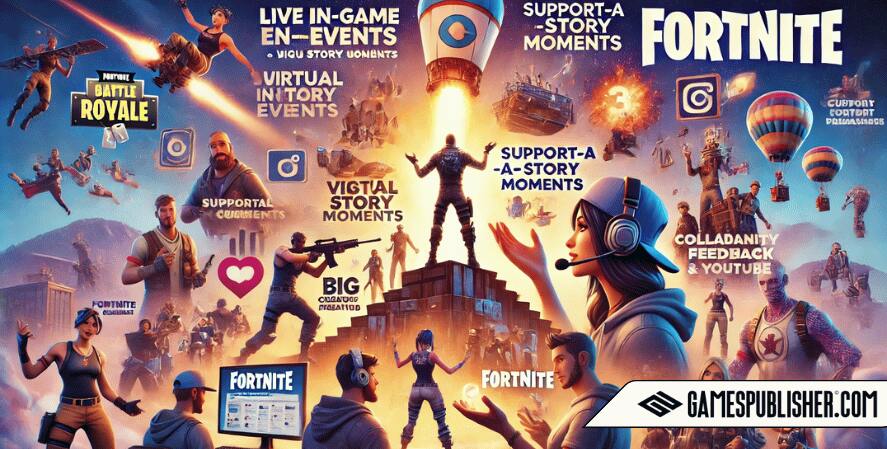 A dynamic image illustrating Fortnite's community engagement strategies. The image highlights live in-game events like virtual concerts and significant story moments, creating excitement and buzz among players. It includes visual elements representing the Support-A-Creator program, showing creators sharing their codes and earning money. Scenes of community feedback and updates emphasize Fortnite's responsiveness to player input. The image also depicts Fortnite's active presence on social media platforms such as Twitter, Instagram, and YouTube, along with collaborations with influencers and celebrities that keep the game in the spotlight. The composition reflects Fortnite's commitment to maintaining a strong and engaged community.