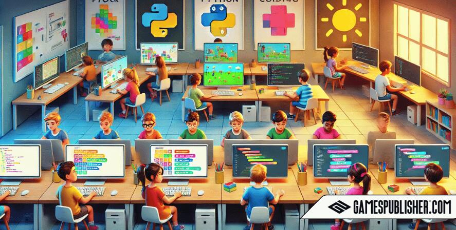 Children aged 5 to 12 in a computer lab using various coding platforms, with younger kids on Scratch and older kids programming with Python and Lua, in a setting that promotes learning coding concepts like loops and conditions.