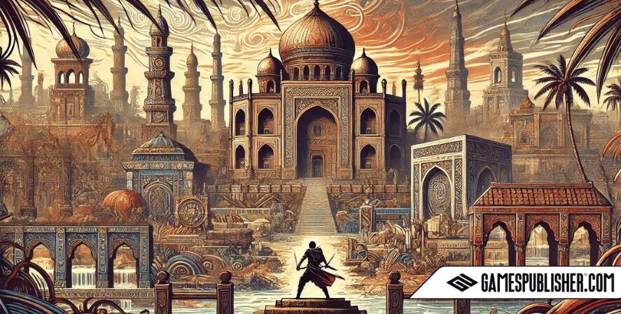 A detailed image showcasing cultural representation in video games, featuring 3 to 4 distinct cultural elements such as symbols, architecture, and landscapes from different parts of the world.