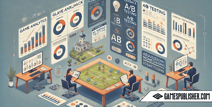 A refined scene in a modern workspace, divided into three sections showcasing game analytics approaches: analyzing player feedback with clear charts, conducting A/B testing with distinct game menus, and optimizing monetization strategies on a streamlined dashboard, all designed for easy understanding in a minimalistic, data-driven environment.